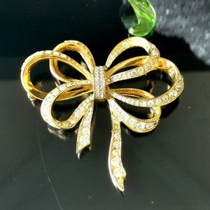 Vintage KJL for Avon Rhinestone Gold tone Bow Brooch Pin